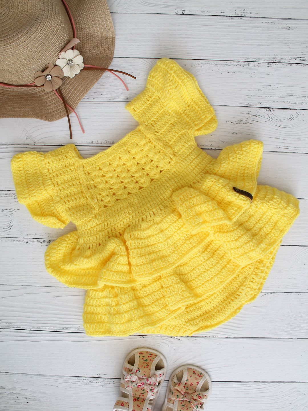 Crochet Woolen Romper Frock with Frill for Baby Girl - Yellow