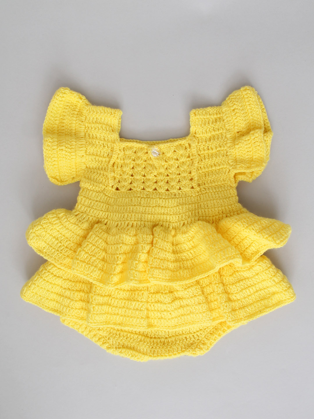 Crochet Woolen Romper Frock with Frill for Baby Girl - Yellow
