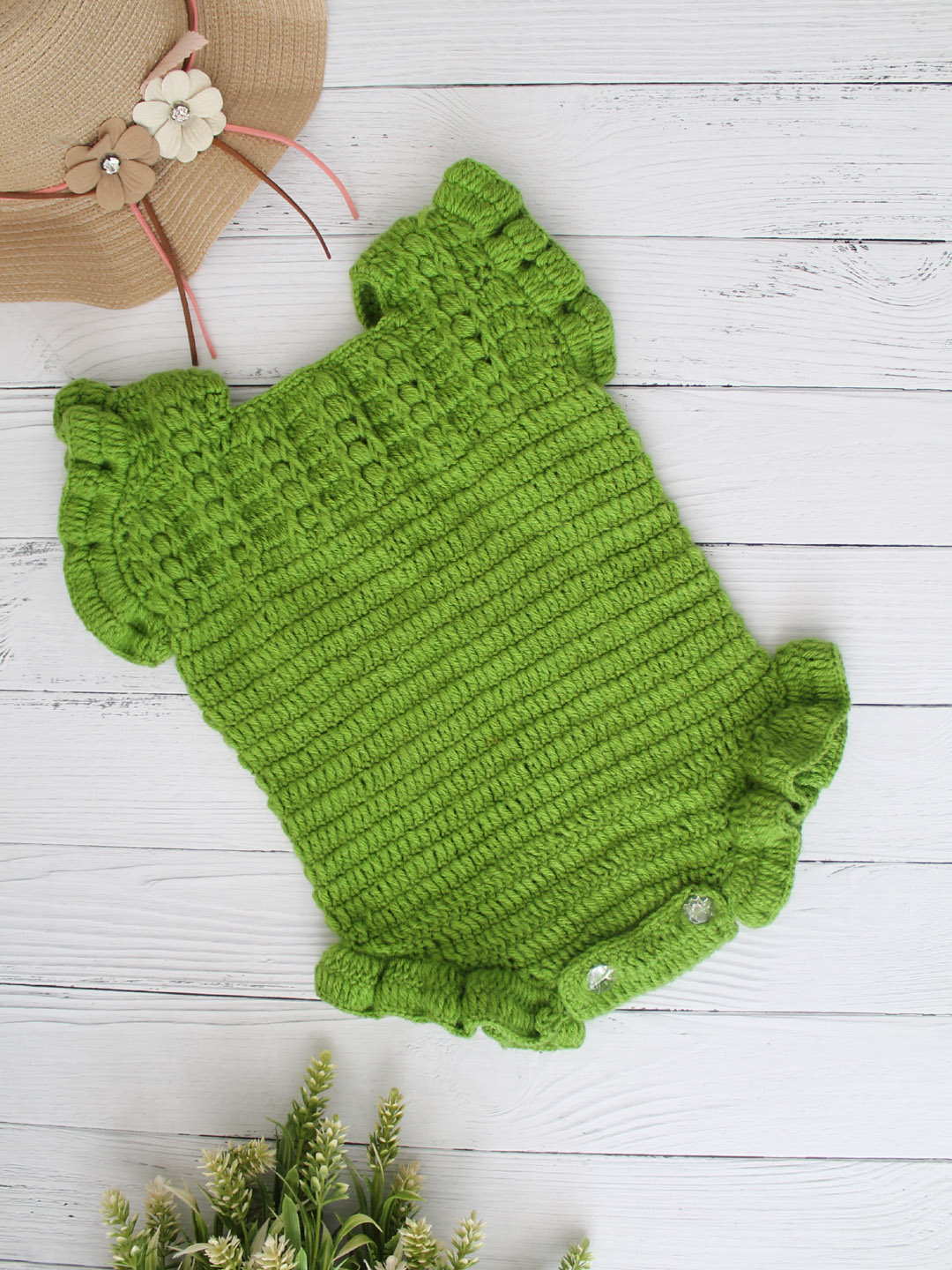 Crochet Woolen Romper with Frills for Newborn - Green