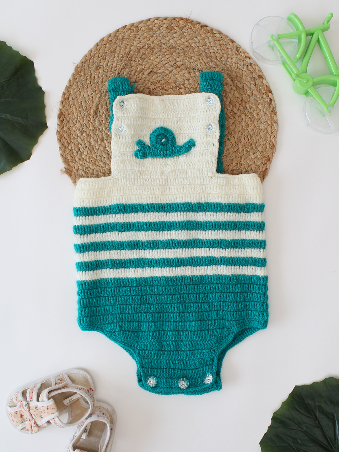 Crochet Woolen Strappy Onesie for Infants - Sea Green