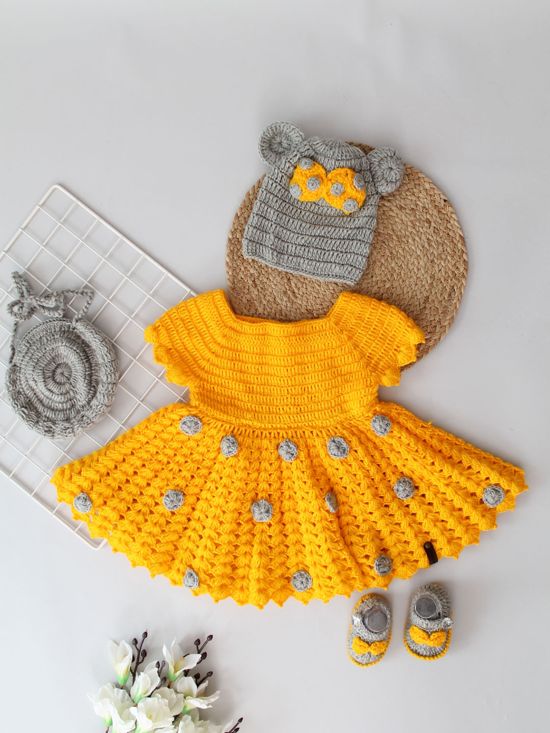 Crochet Woollen Party Dress for Baby Girl - Yellow