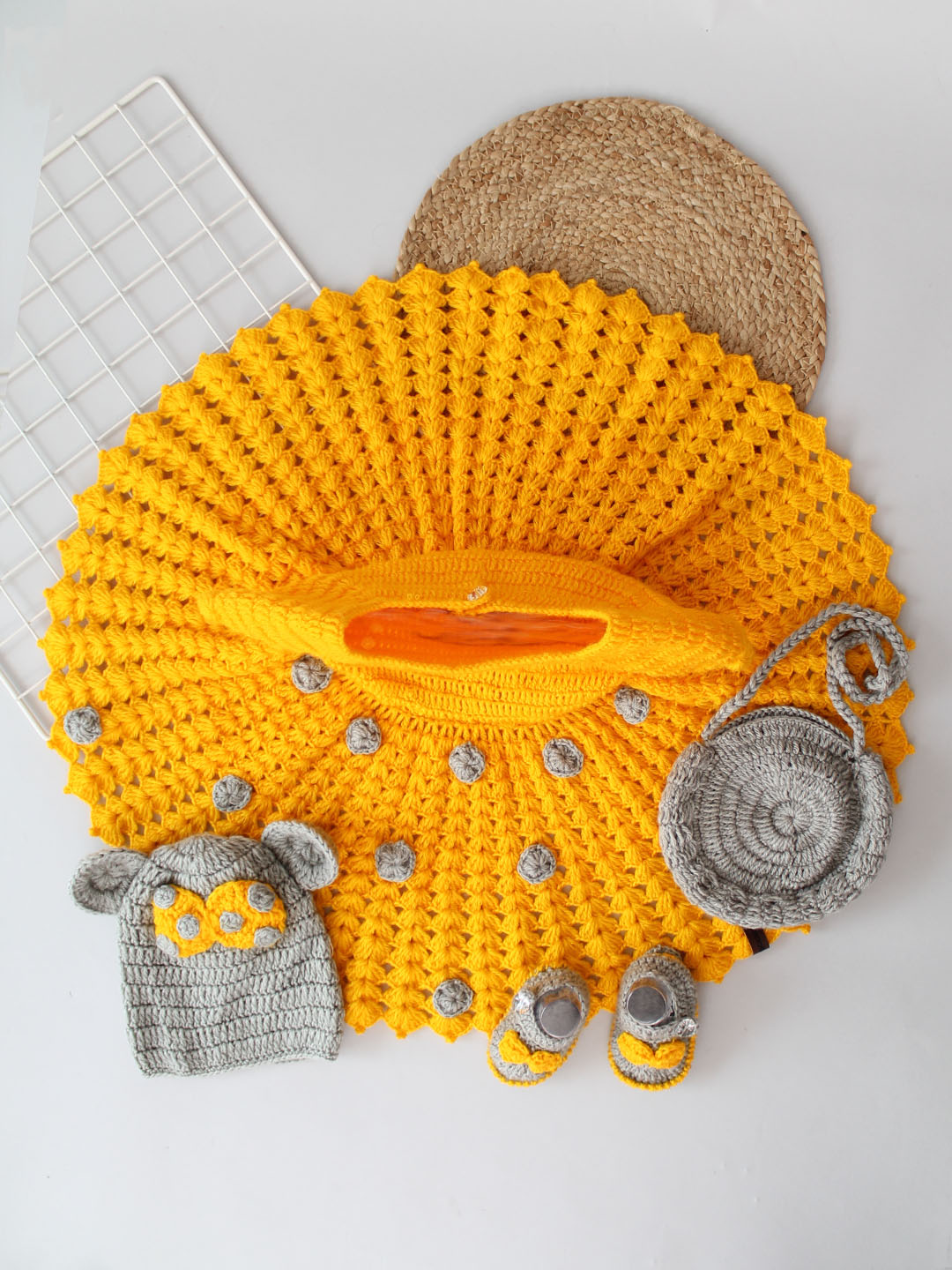 Crochet Woollen Party Dress for Baby Girl - Yellow
