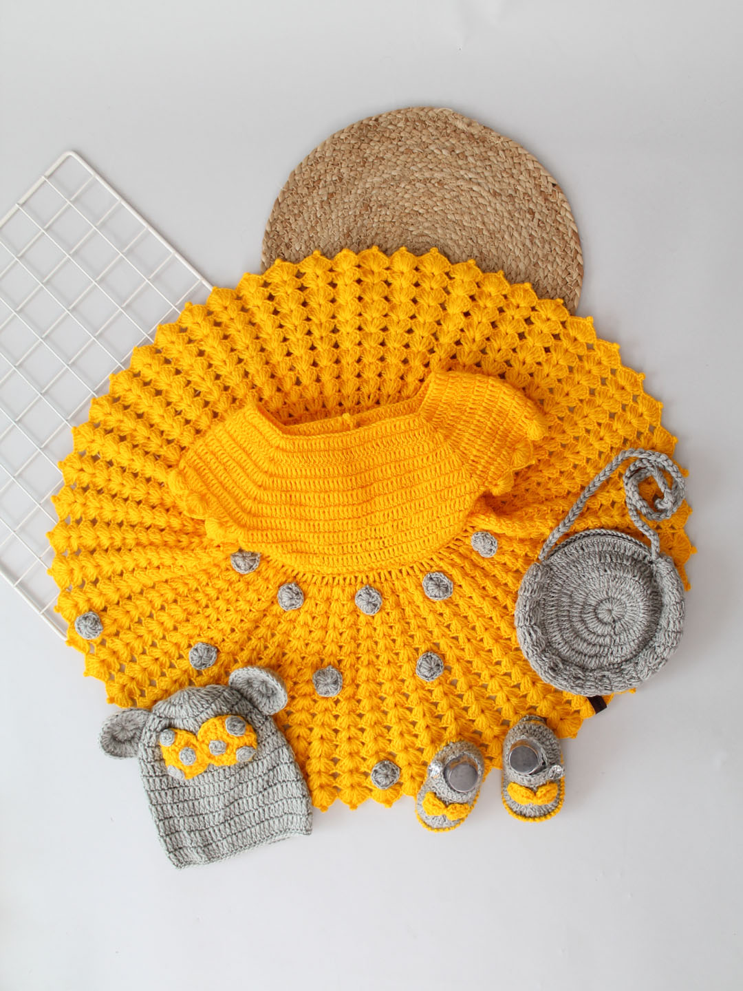 Crochet Woollen Party Dress for Baby Girl - Yellow