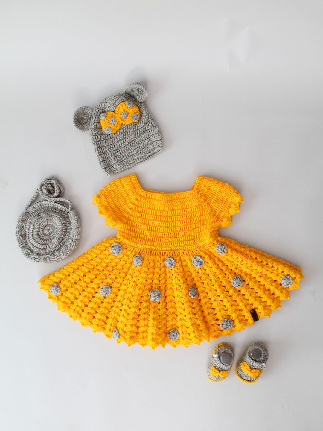 Crochet Woollen Party Dress for Baby Girl - Yellow