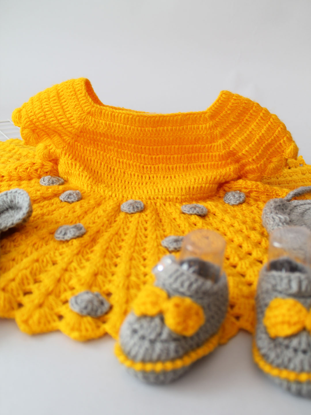 Crochet Woollen Party Dress for Baby Girl - Yellow