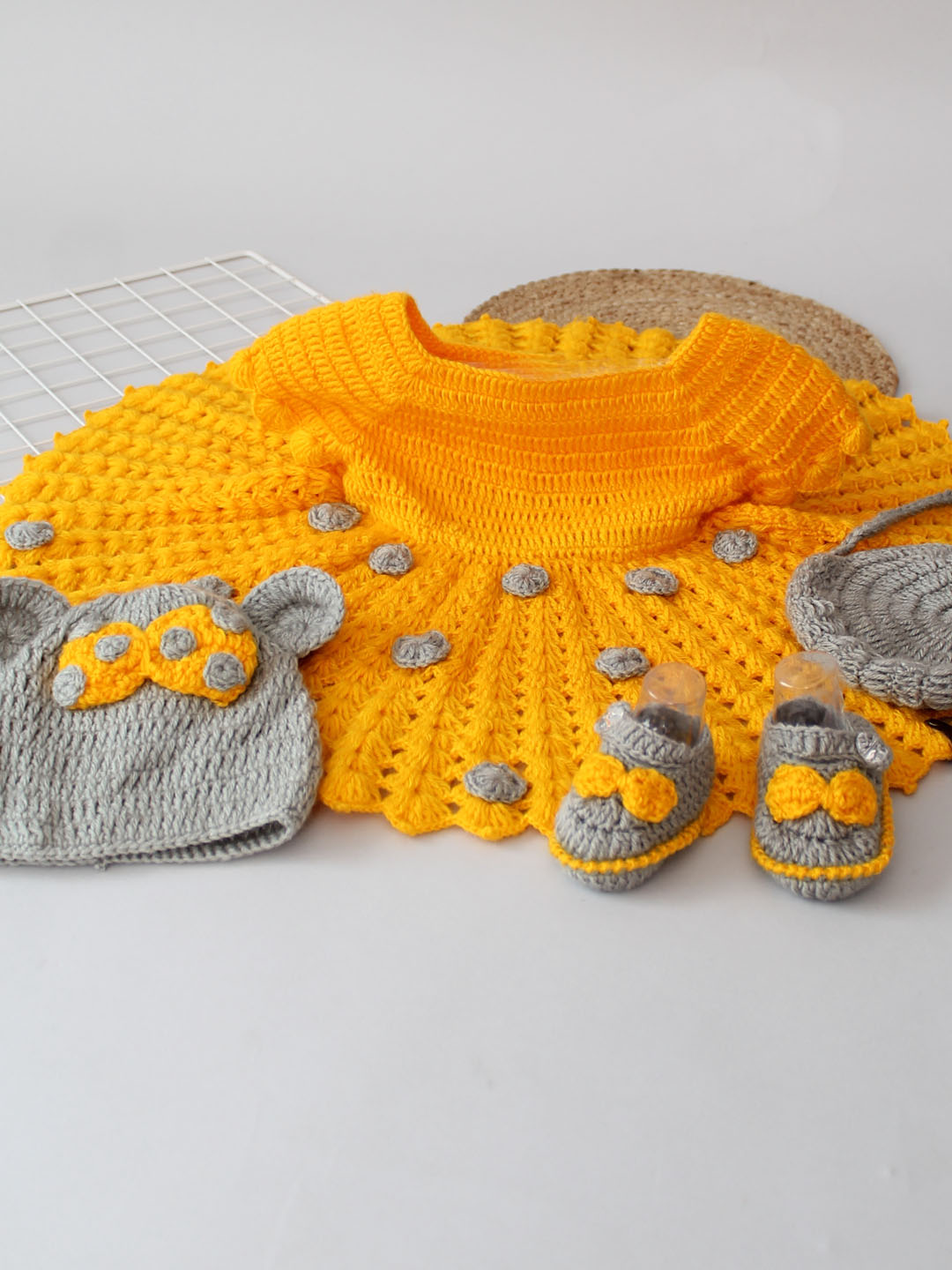 Crochet Woollen Party Dress for Baby Girl - Yellow