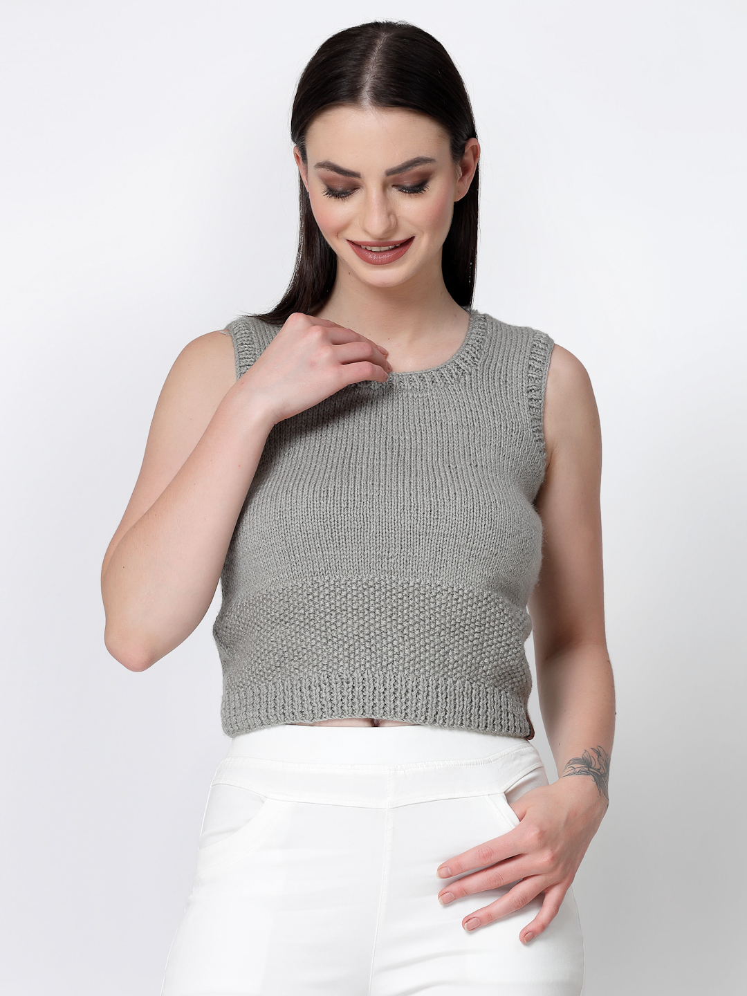 Velvery Handknitted Self Design Knit Sweater for Ladies - Grey