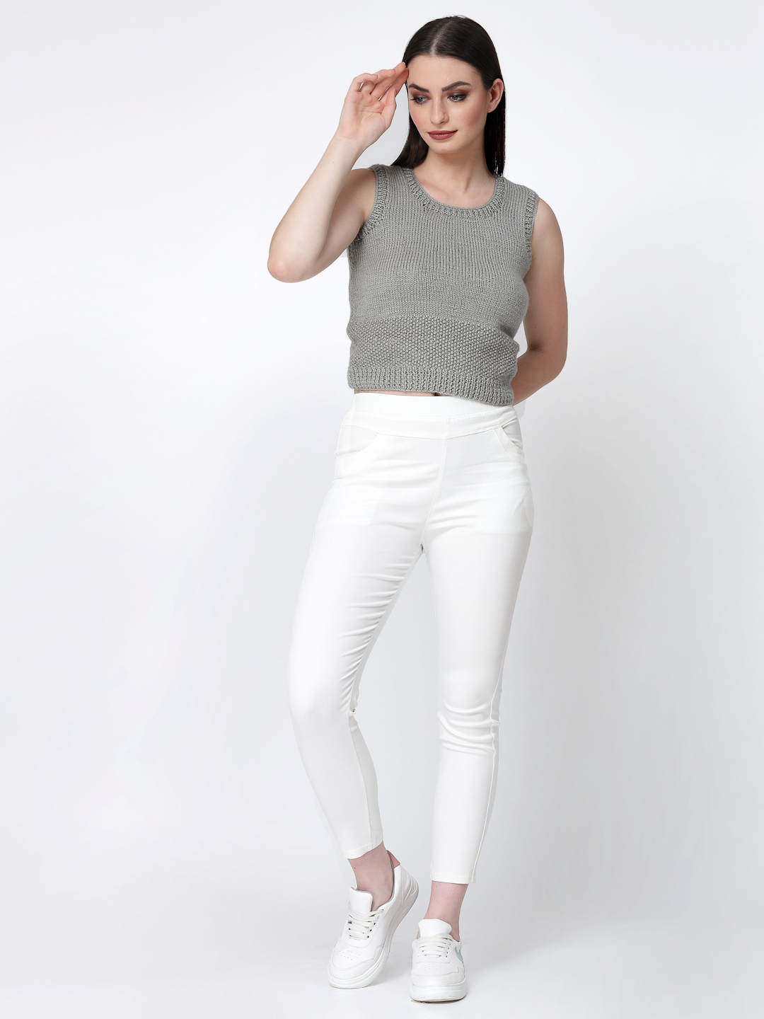 Velvery Handknitted Self Design Knit Sweater for Ladies - Grey