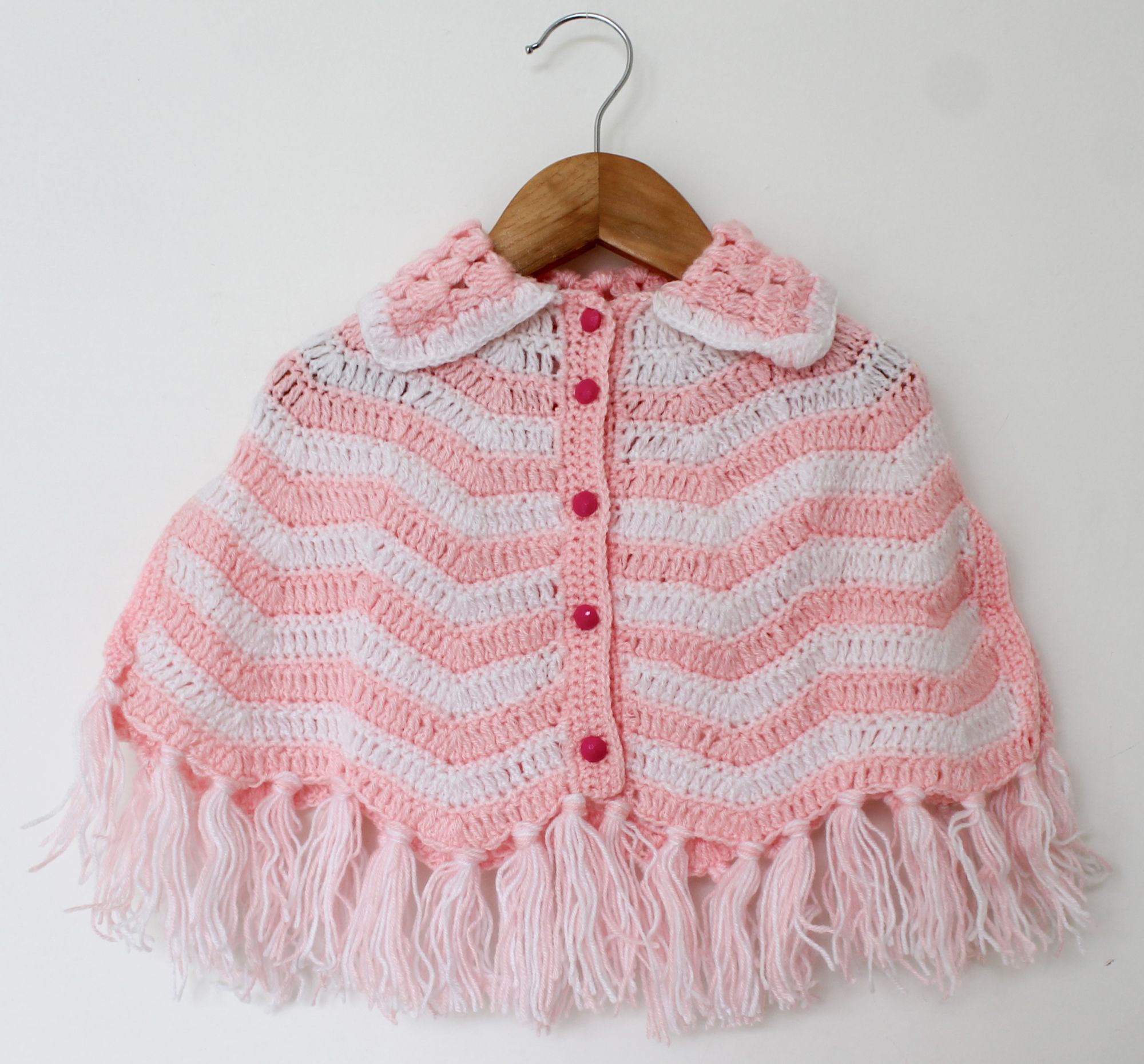 Woonie Handmade Crochet with Zigzag Pattern Tassels Design Front Openable Poncho-Pink