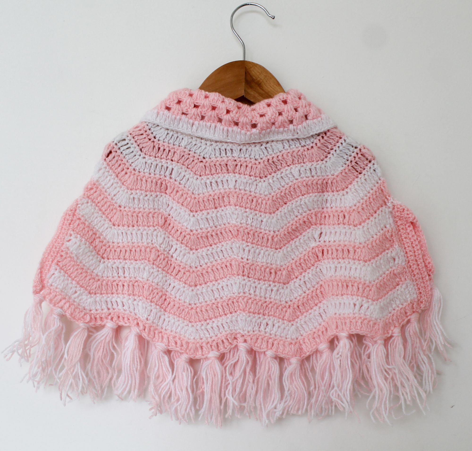Woonie Handmade Crochet with Zigzag Pattern Tassels Design Front Openable Poncho-Pink