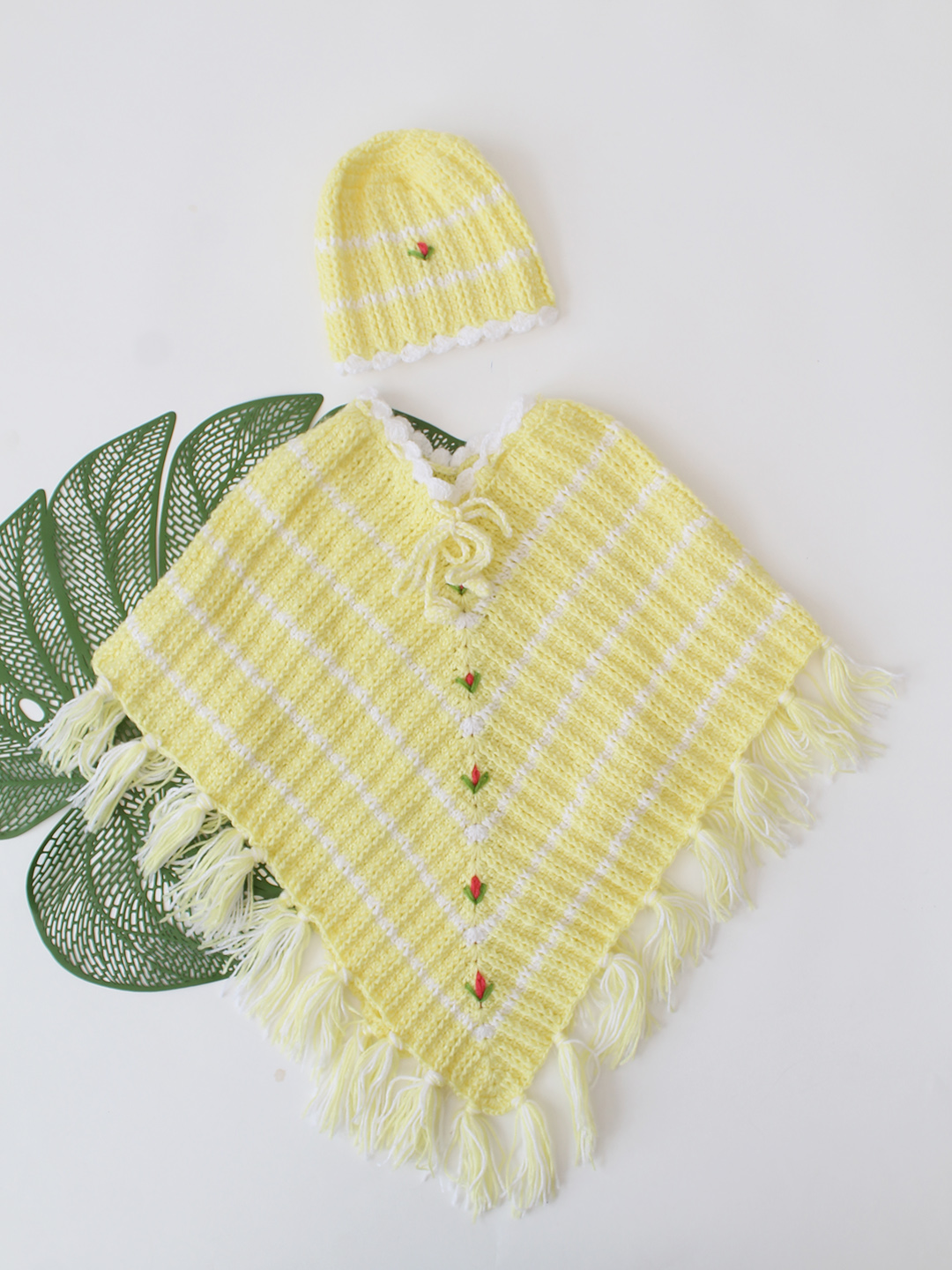 Woonie Handknitted Self Design Poncho with Cap - Yellow