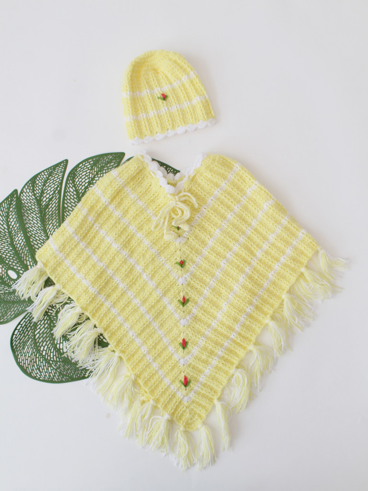 Image of Woonie Handknitted Self Design Poncho with Cap - Yellow