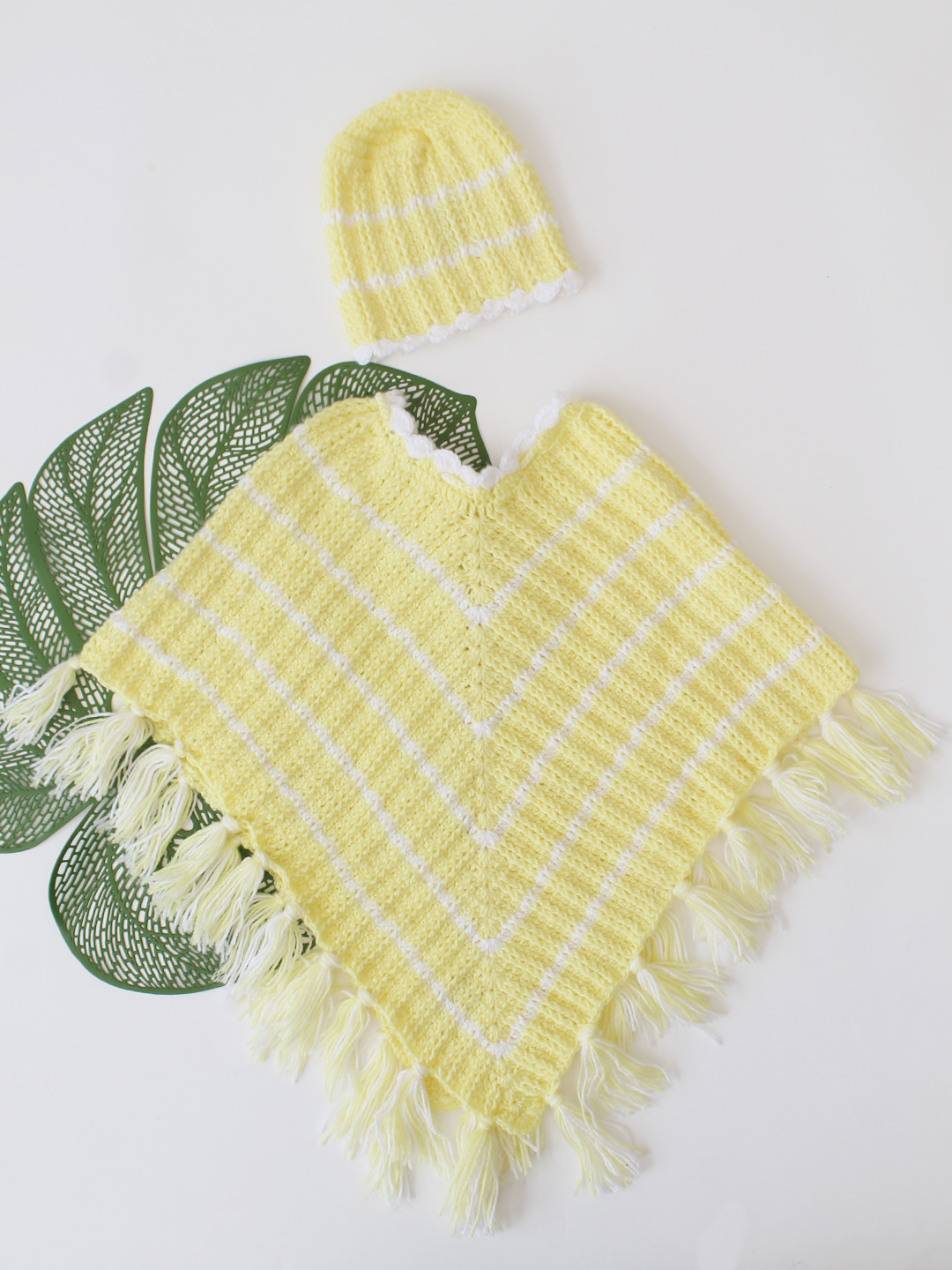 Woonie Handknitted Self Design Poncho with Cap - Yellow