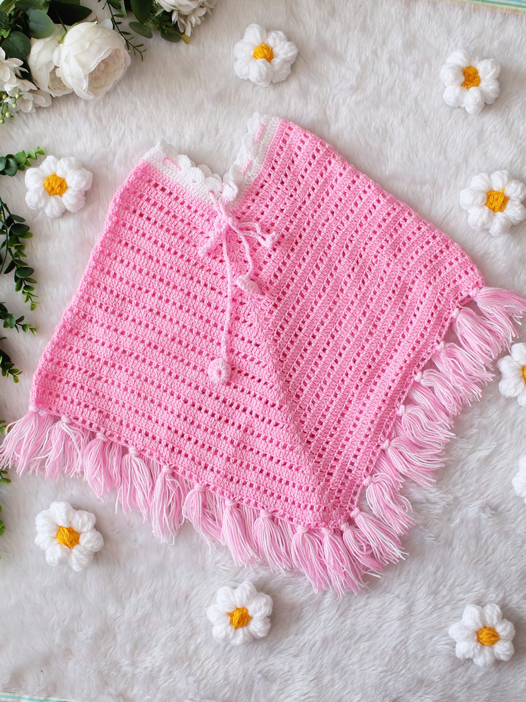 Woonie Crochet Fringe Poncho - Pink