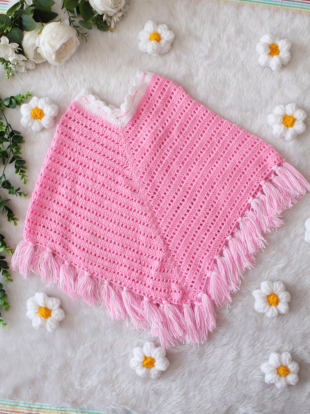 Woonie Crochet Fringe Poncho - Pink
