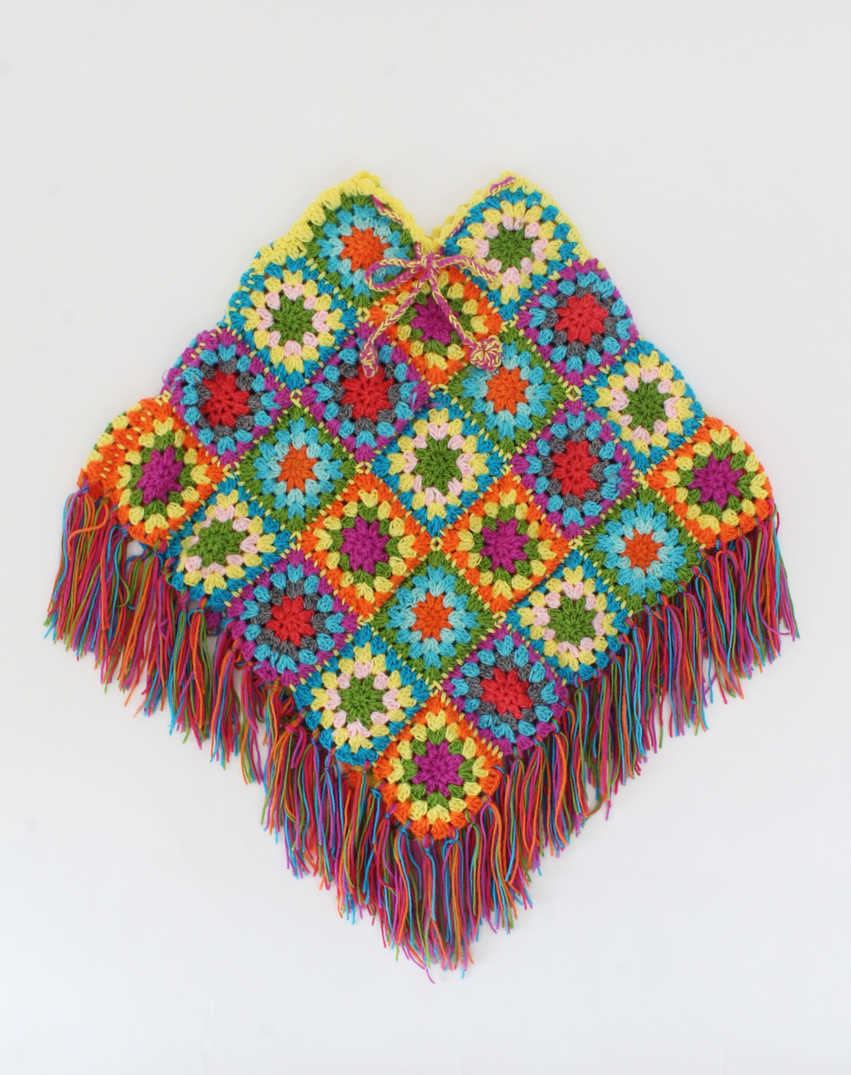 Woonie Handmade Crochet Granny Square & Tassels Detailed Poncho-Multicolour