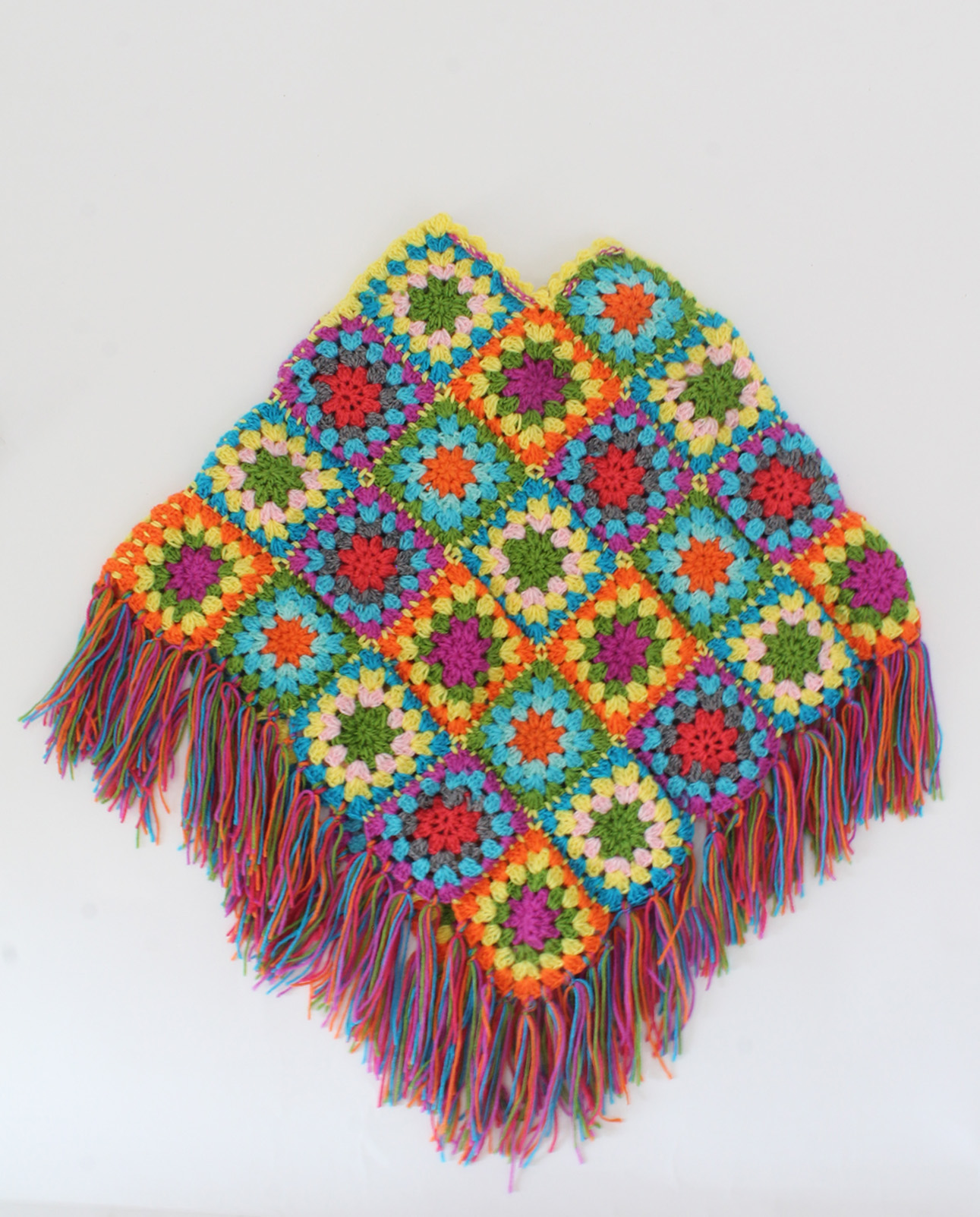 Woonie Handmade Crochet Granny Square & Tassels Detailed Poncho-Multicolour