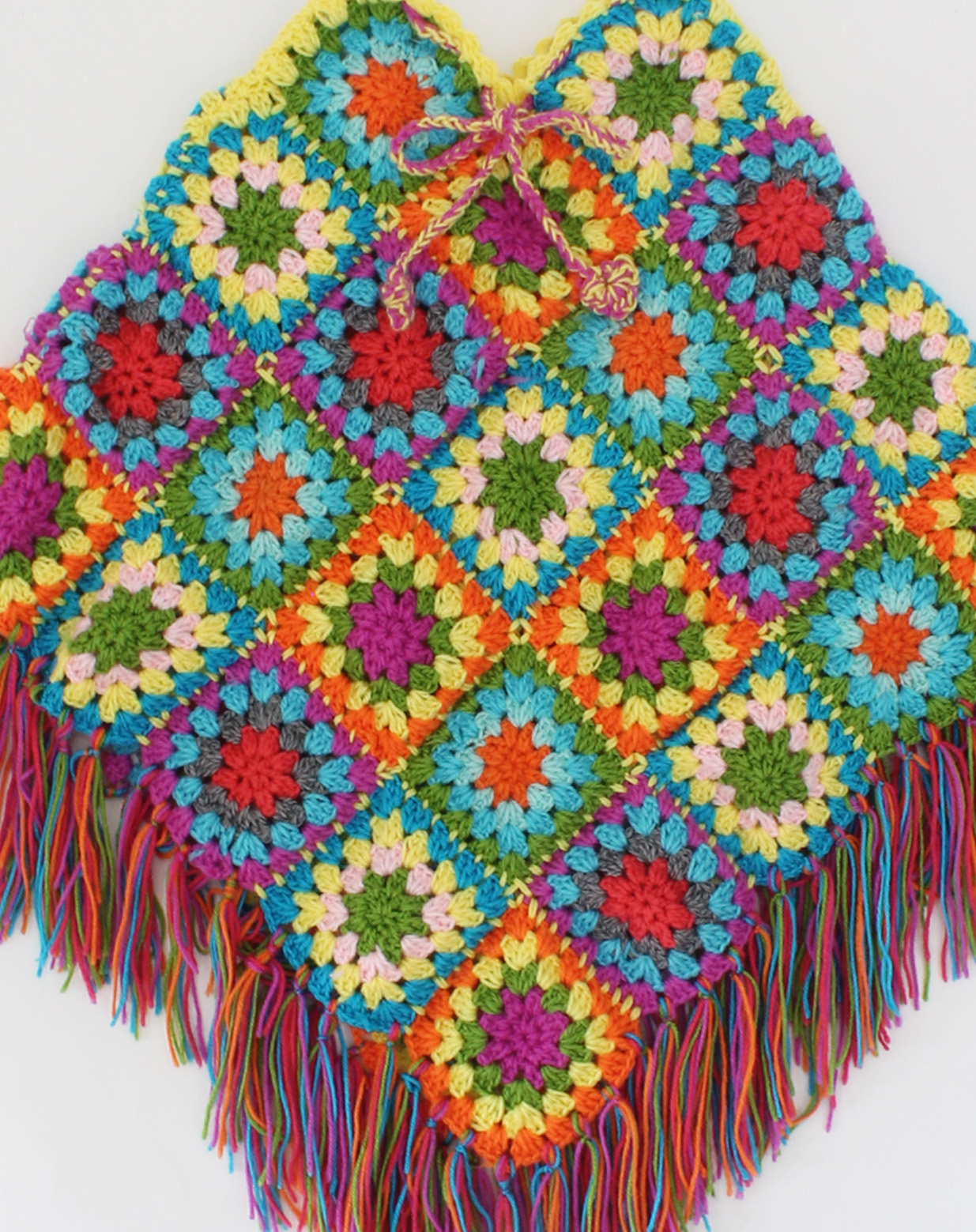 Woonie Handmade Crochet Granny Square & Tassels Detailed Poncho-Multicolour