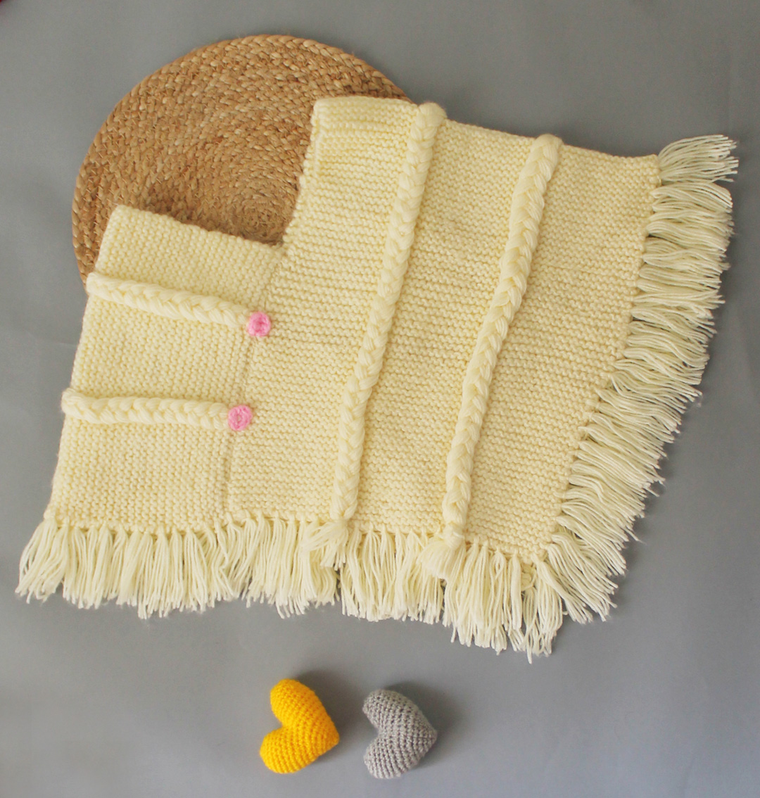 Wonnie Handmade Knitted Self Design Tassels Detailing Poncho-Cream