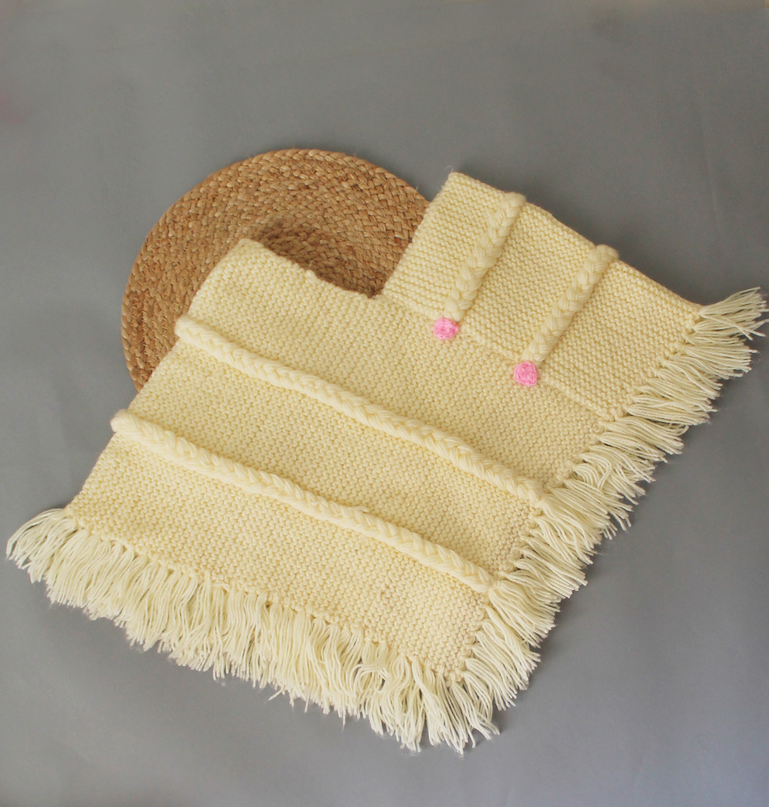 Wonnie Handmade Knitted Self Design Tassels Detailing Poncho-Cream