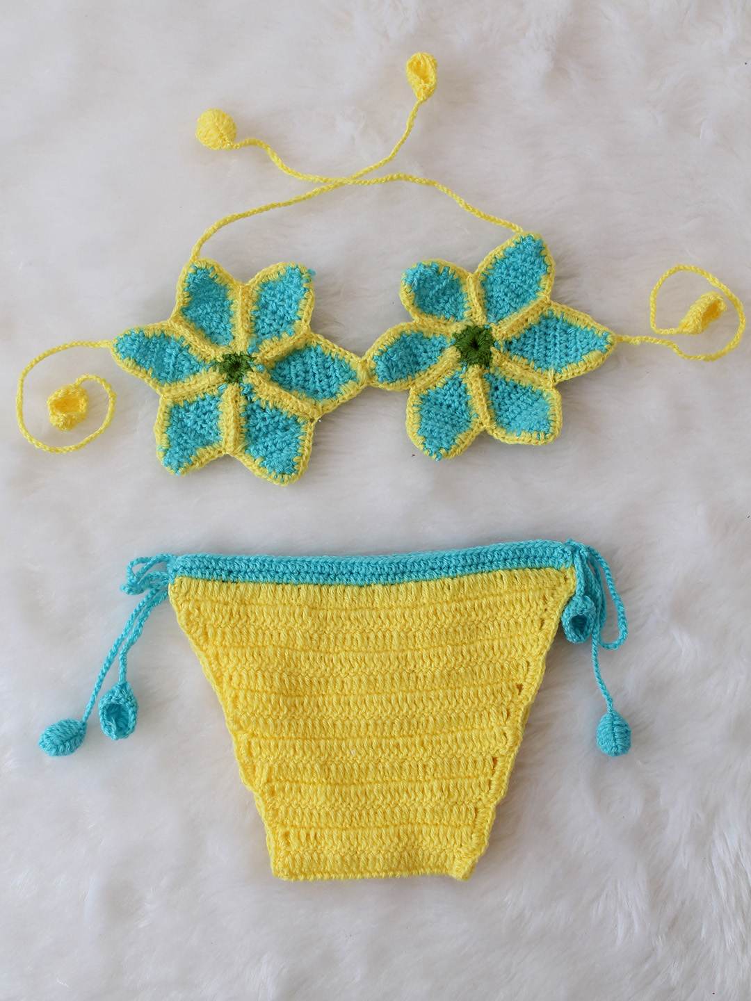 Woonie Floral Detailed Bikini Style Top with Diaper Infant Photography Prop - Yellow