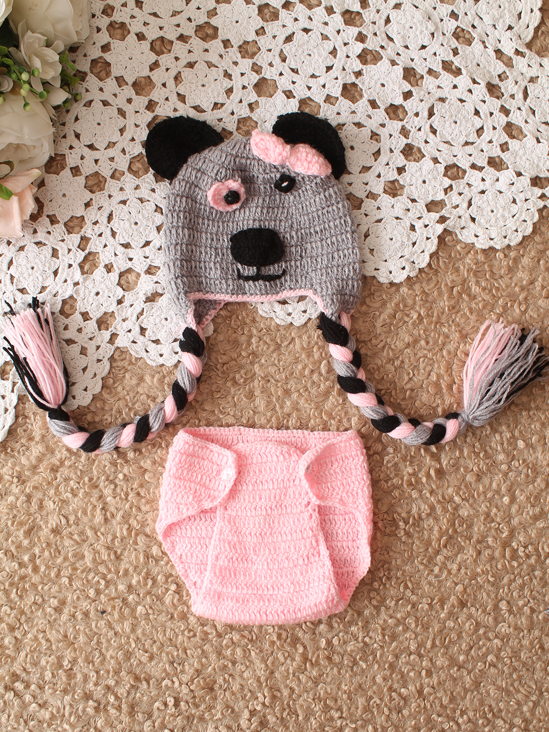 Woonie Bear Face Cap with Diaper Infant Photography Prop - Pink