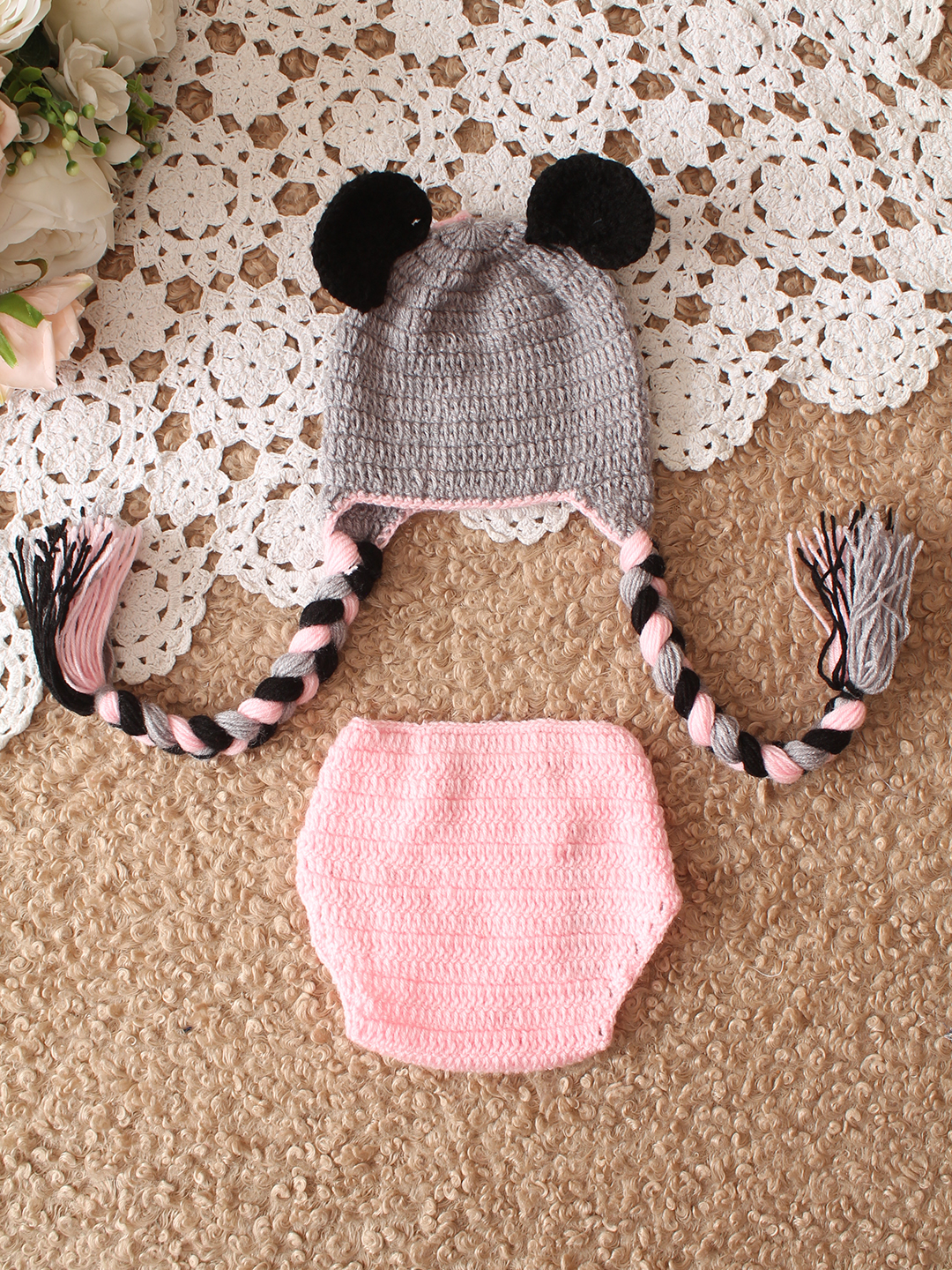 Woonie Bear Face Cap with Diaper Infant Photography Prop - Pink