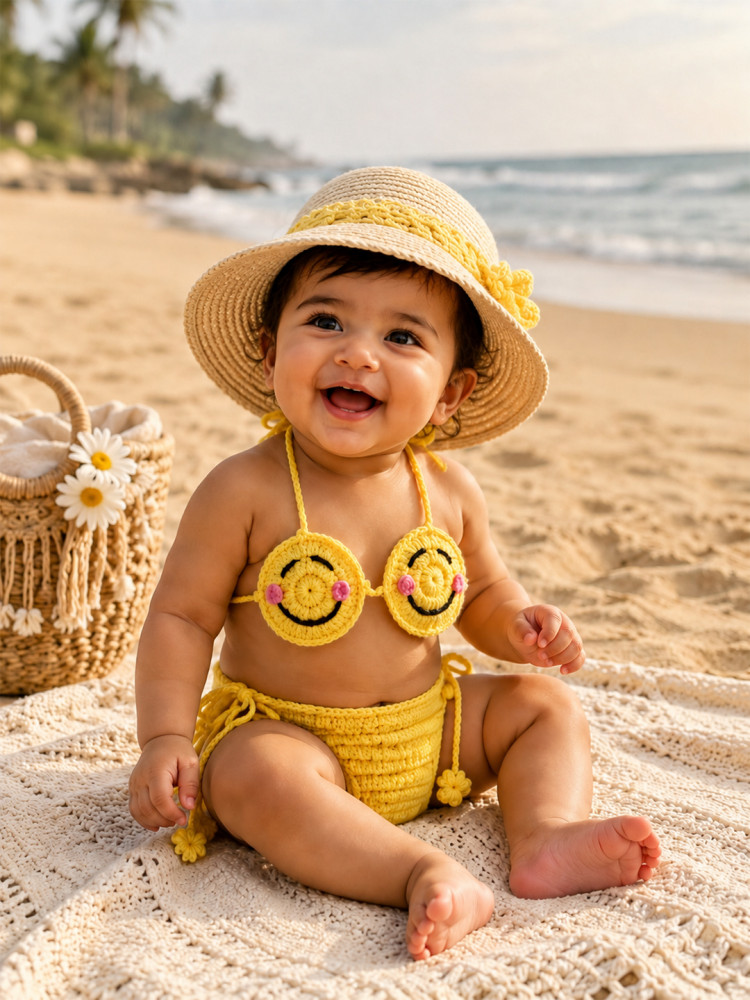 Image of Woonie Smiley Designed Bikini Style Top &amp; Diaper Photography Props - Yellow