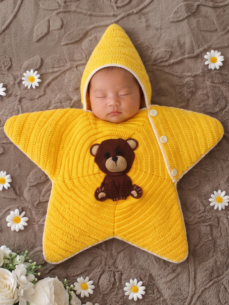 Image of Woonie Newborn Star Shaped Bear Applique Photography Prop - Yellow