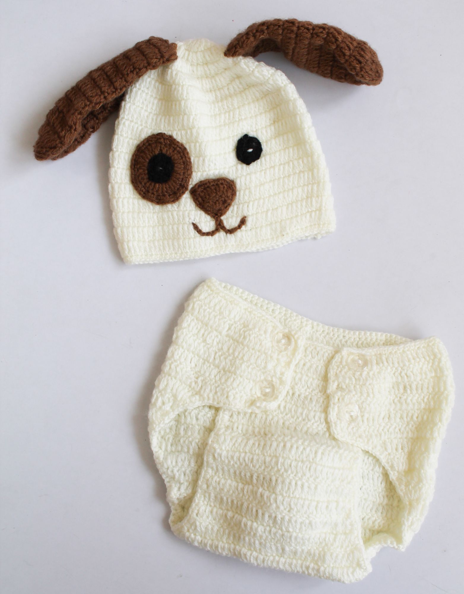 Woonie Puppy Theme Handmade Cap With Bloomers - Off White