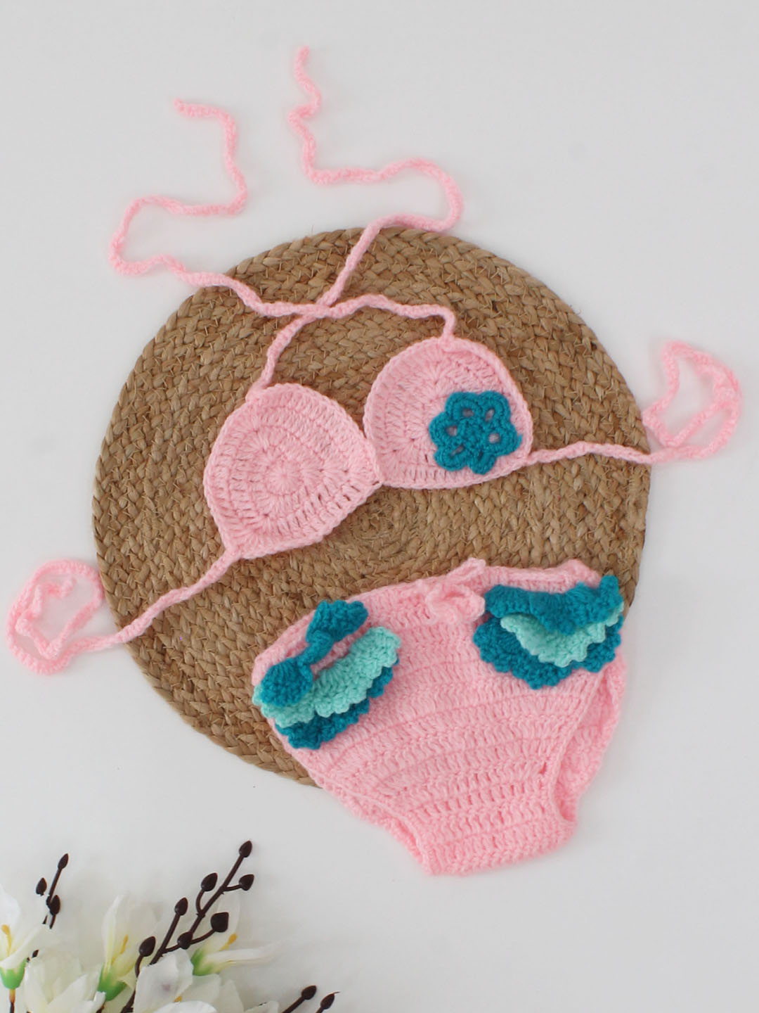 Woonie Flower Detailed Bikini Style Costume Top With Bloomer - Pink