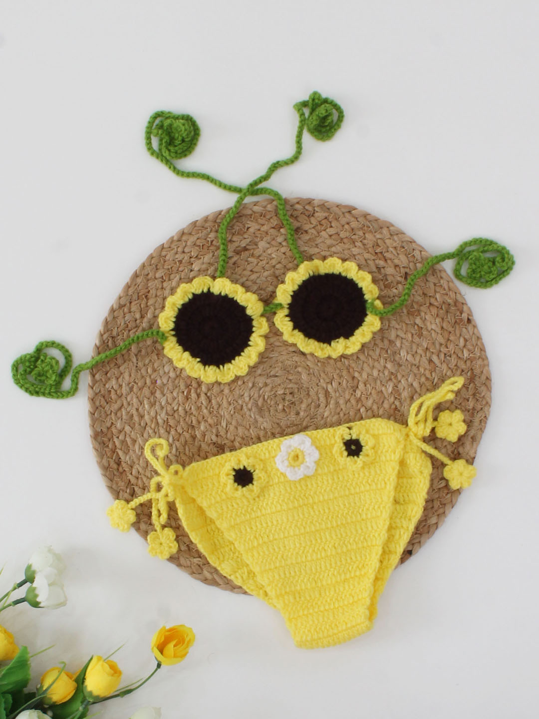Woonie Sun Flower Detailed Bikini Style Top With Flower Embellished Bloomer Photography Prop - Yellow
