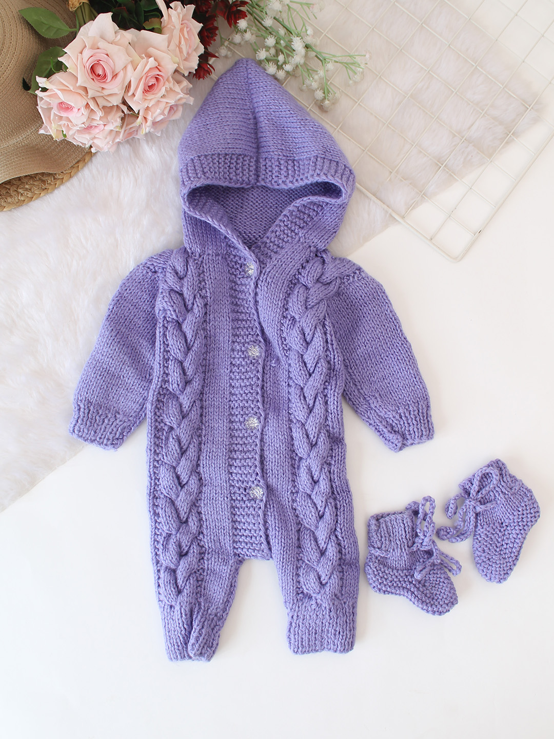 Cable Knit Designed Romper With Socks Set - Purple