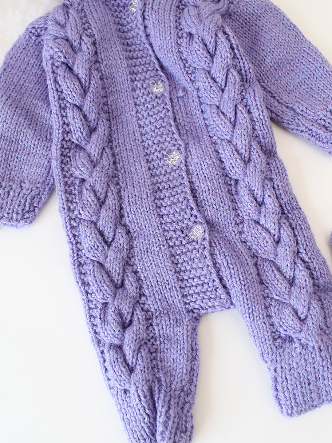 Cable Knit Designed Romper With Socks Set - Purple