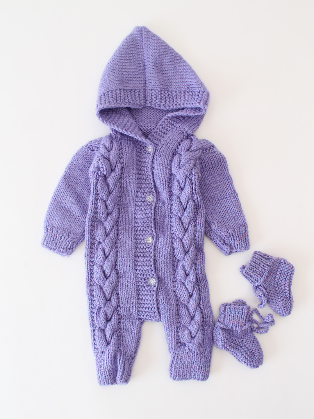 Cable Knit Designed Romper With Socks Set - Purple