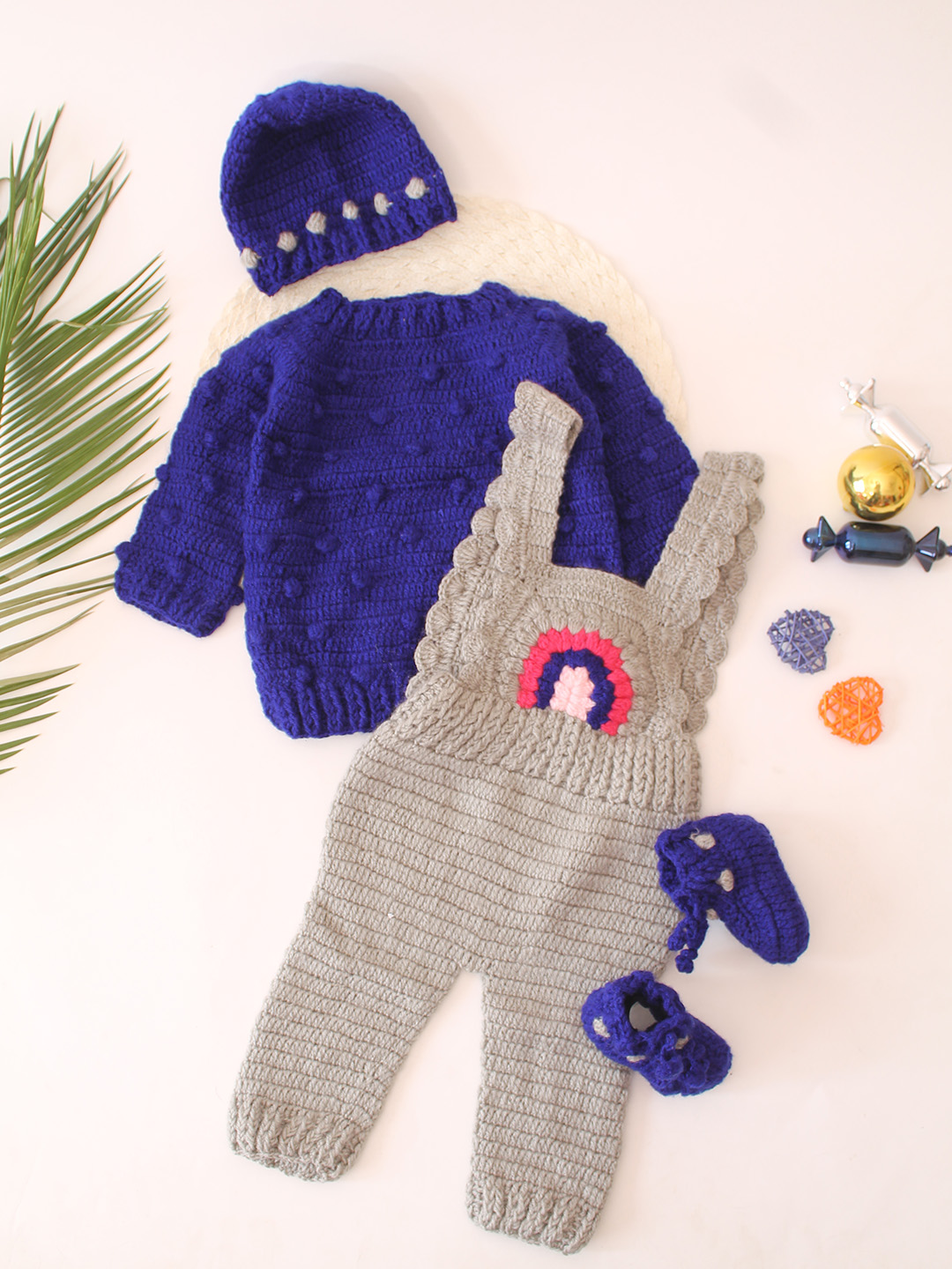 Crochet Dungaree with Contrast Sweater, Cap & Booties - Grey