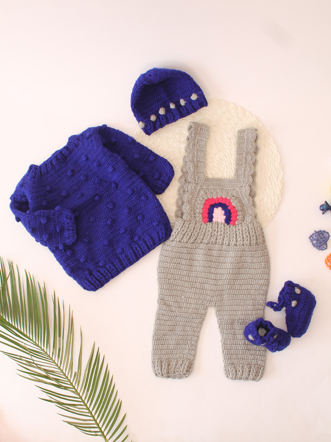 Crochet Dungaree with Contrast Sweater, Cap & Booties - Grey