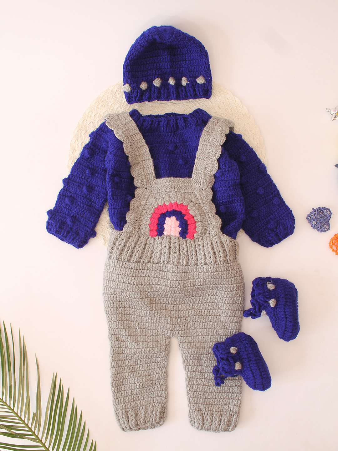 Crochet Dungaree with Contrast Sweater, Cap & Booties - Grey