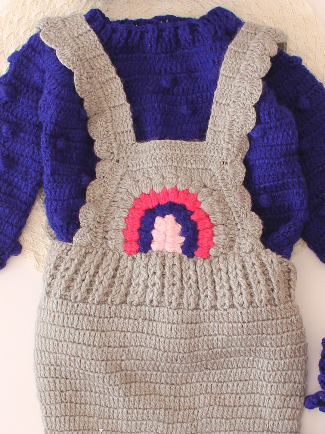 Crochet Dungaree with Contrast Sweater, Cap & Booties - Grey