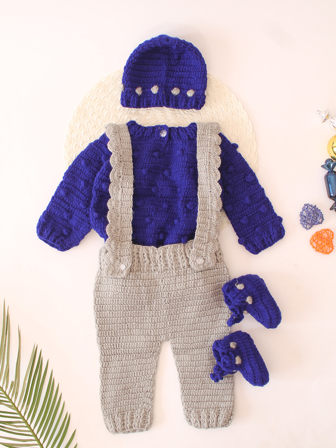 Crochet Dungaree with Contrast Sweater, Cap & Booties - Grey