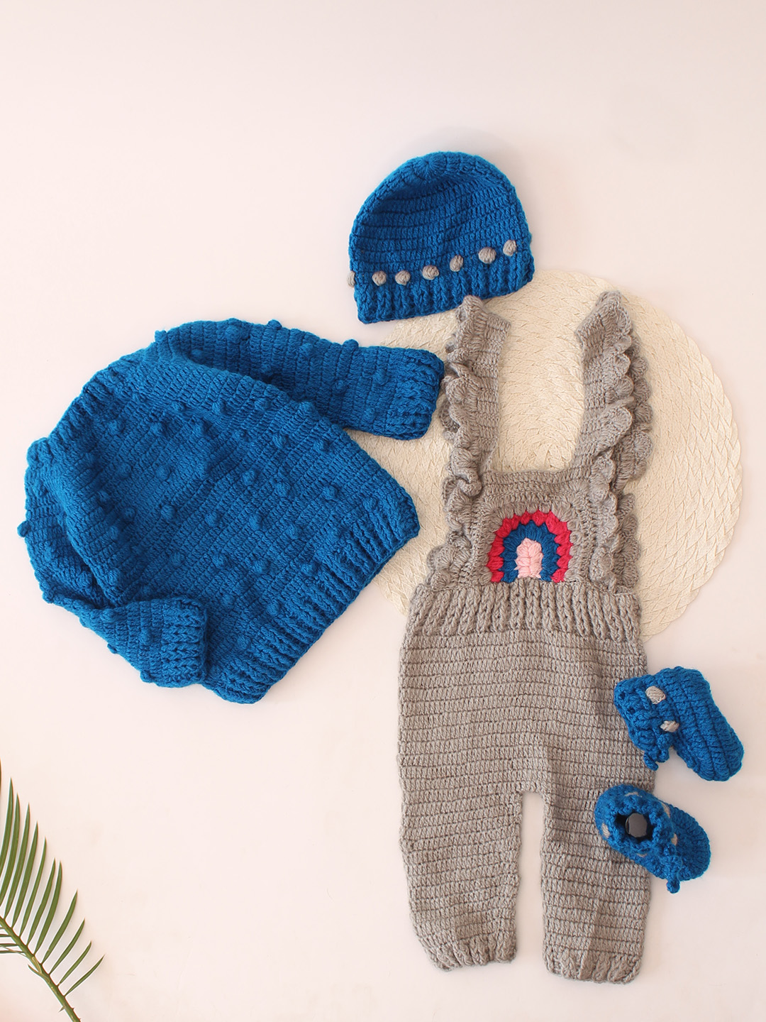 Crochet Dungaree with Contrast Sweater, Cap & Booties - Blue