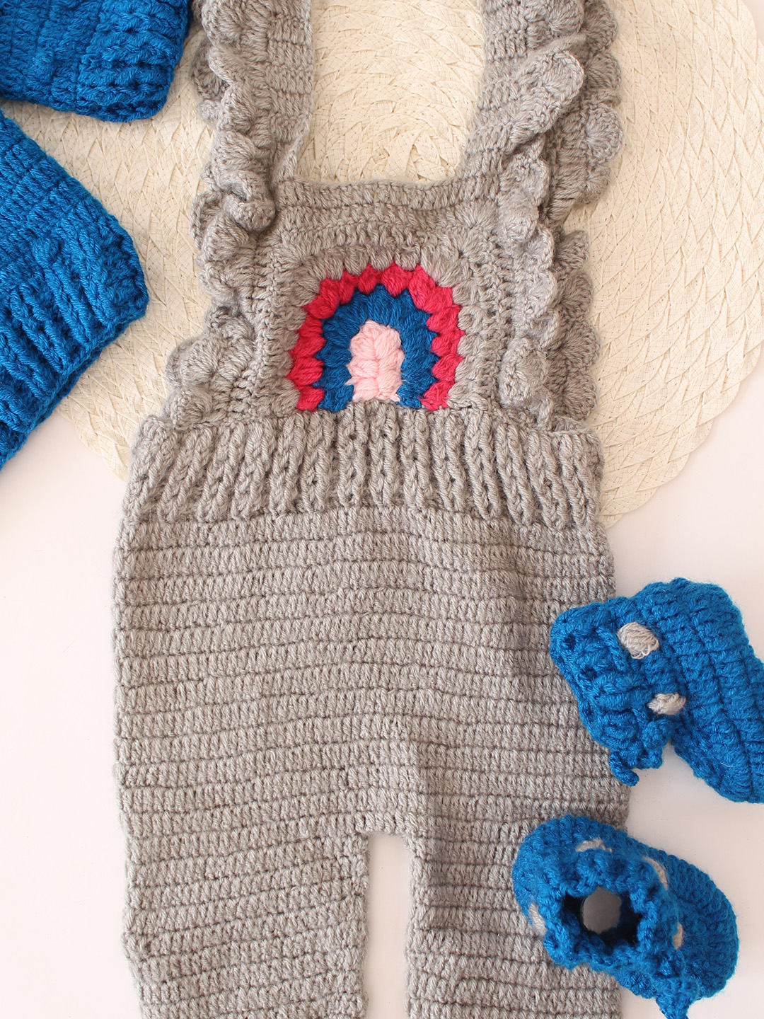Crochet Dungaree with Contrast Sweater, Cap & Booties - Blue