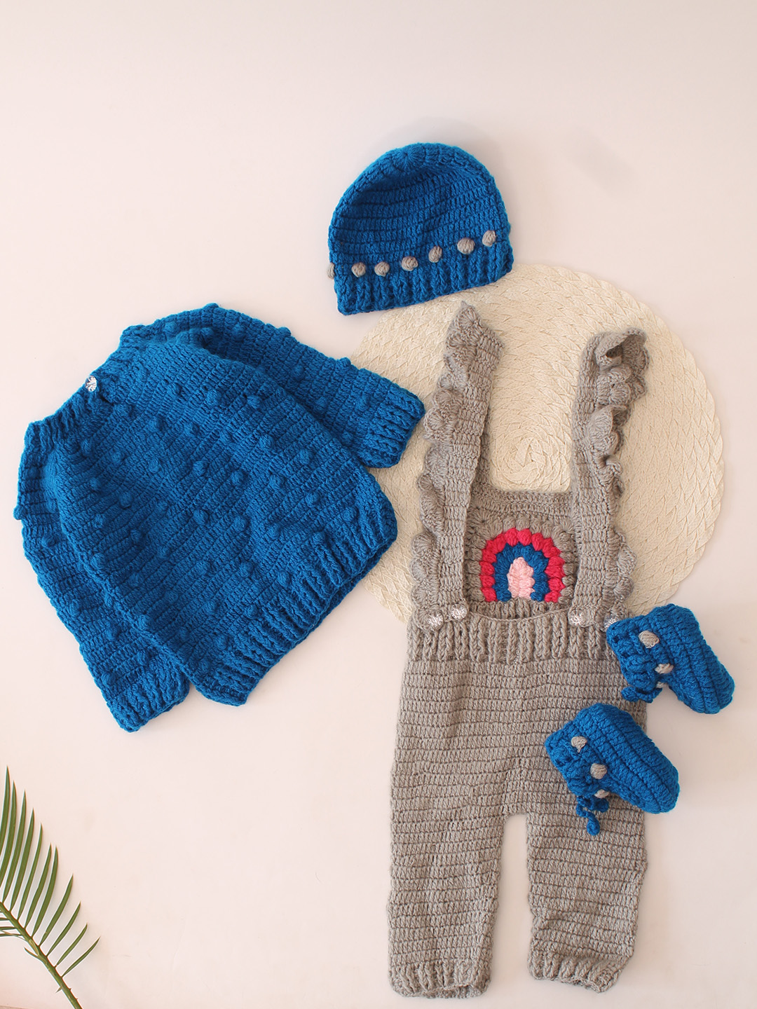 Crochet Dungaree with Contrast Sweater, Cap & Booties - Blue