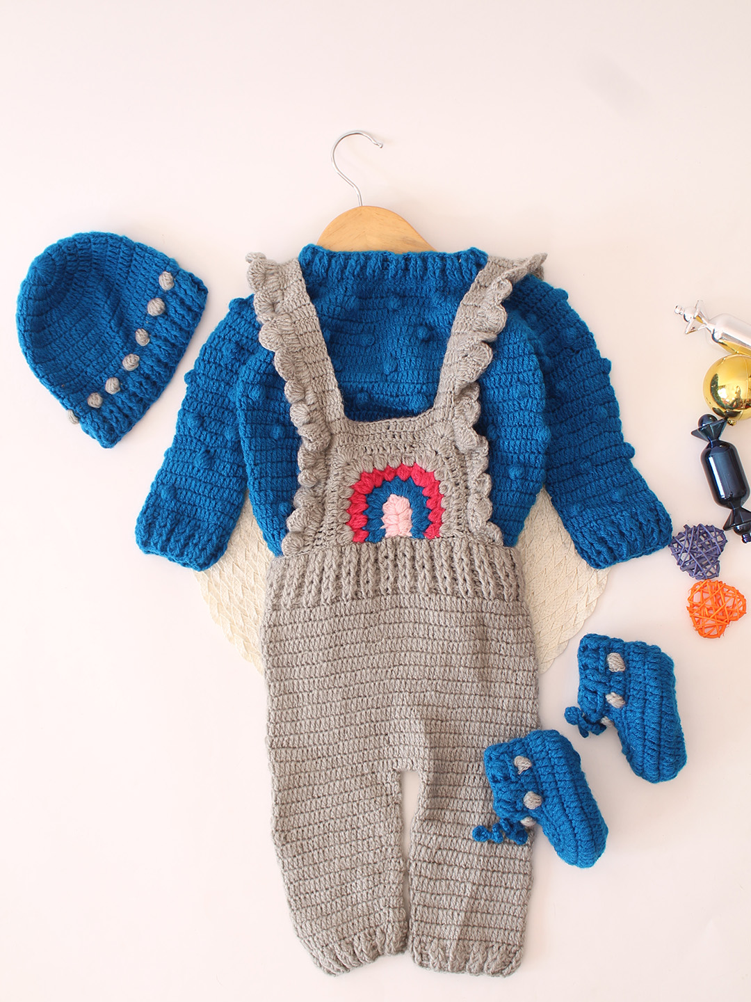 Crochet Dungaree with Contrast Sweater Cap & Booties - Blue