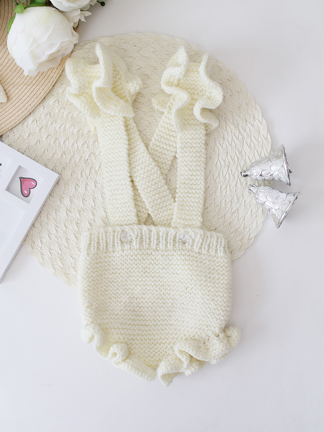 Woonie Knitted Romper with Frills - Cream
