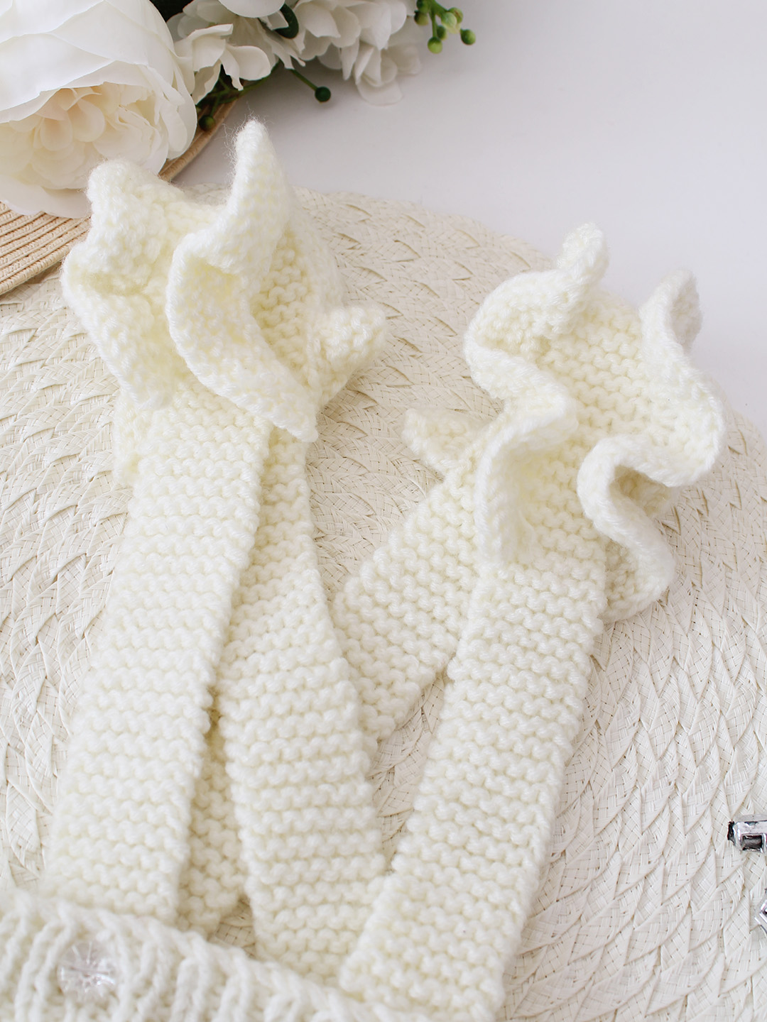 Woonie Knitted Romper with Frills - Cream