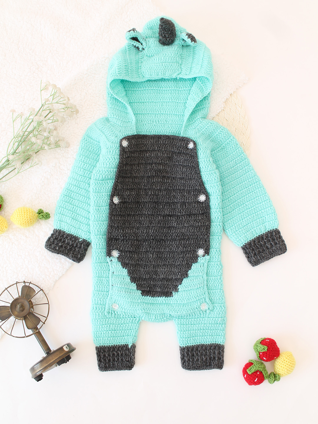 Dinosaur Hooded Crochet Romper - Turquoise