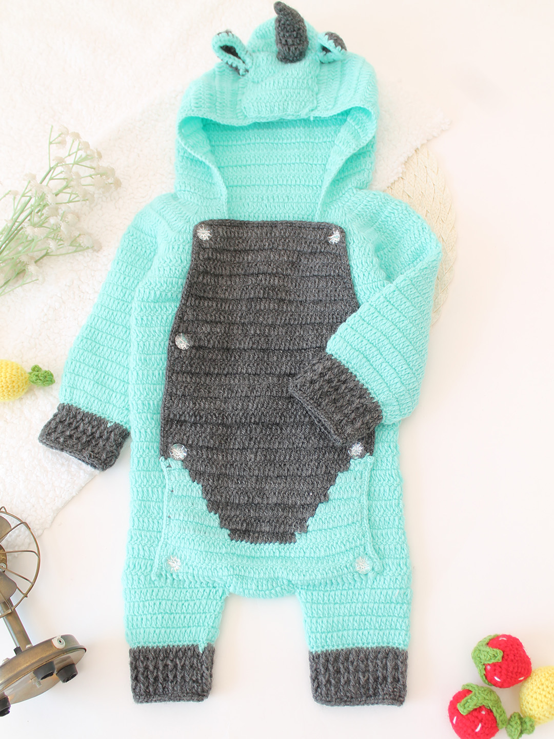 Dinosaur Hooded Crochet Romper - Turquoise