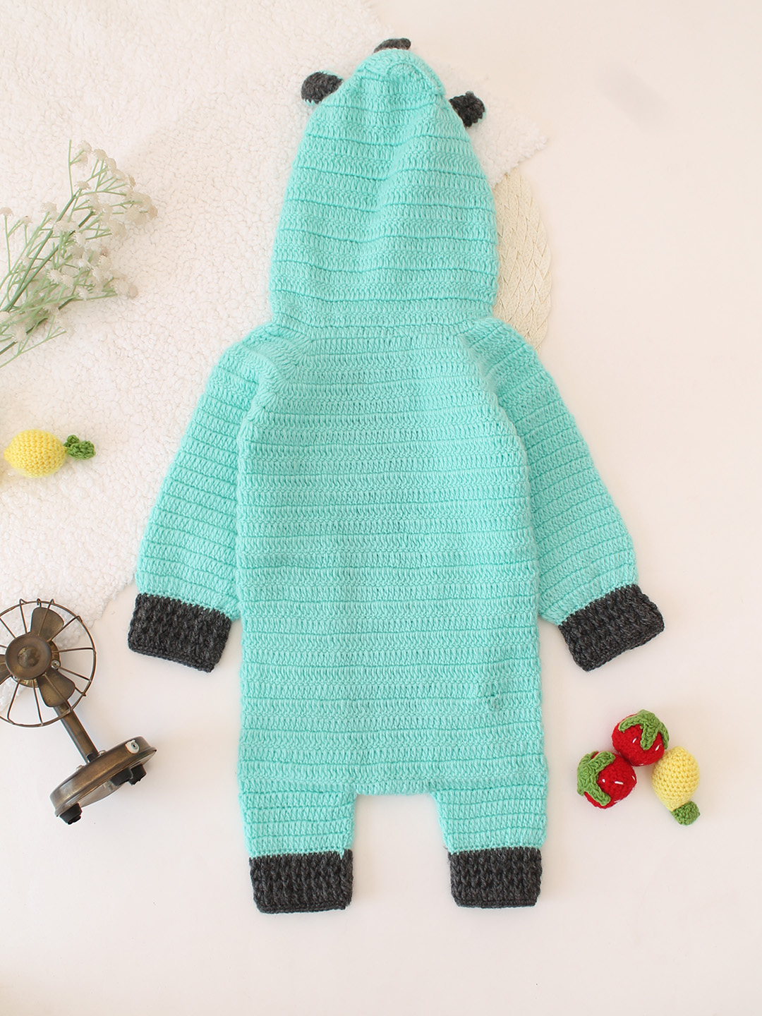 Dinosaur Hooded Crochet Romper - Turquoise
