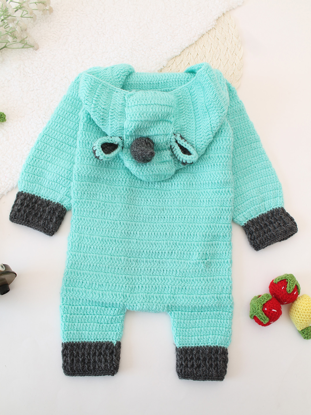 Dinosaur Hooded Crochet Romper - Turquoise